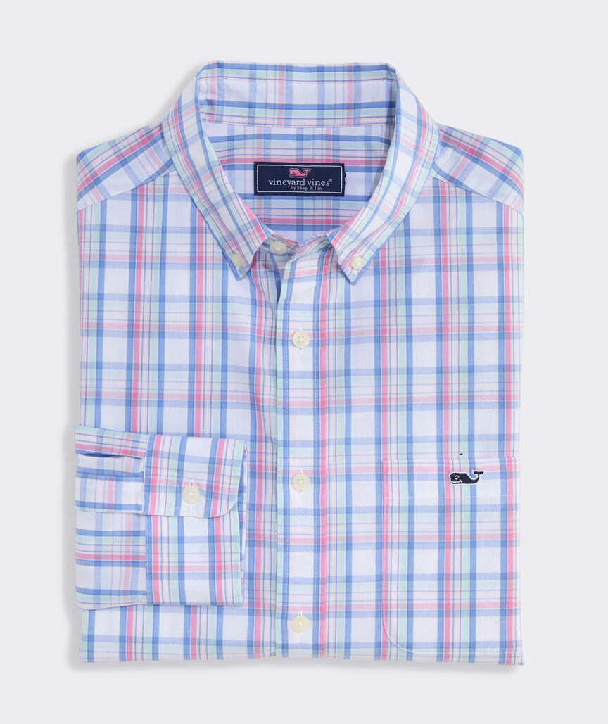 vineyard vines dress shirts Vineyard Vines Tipsy Turtle Plaid Perfect Wash Poplin Shirt, Bahama Breeze / XL
