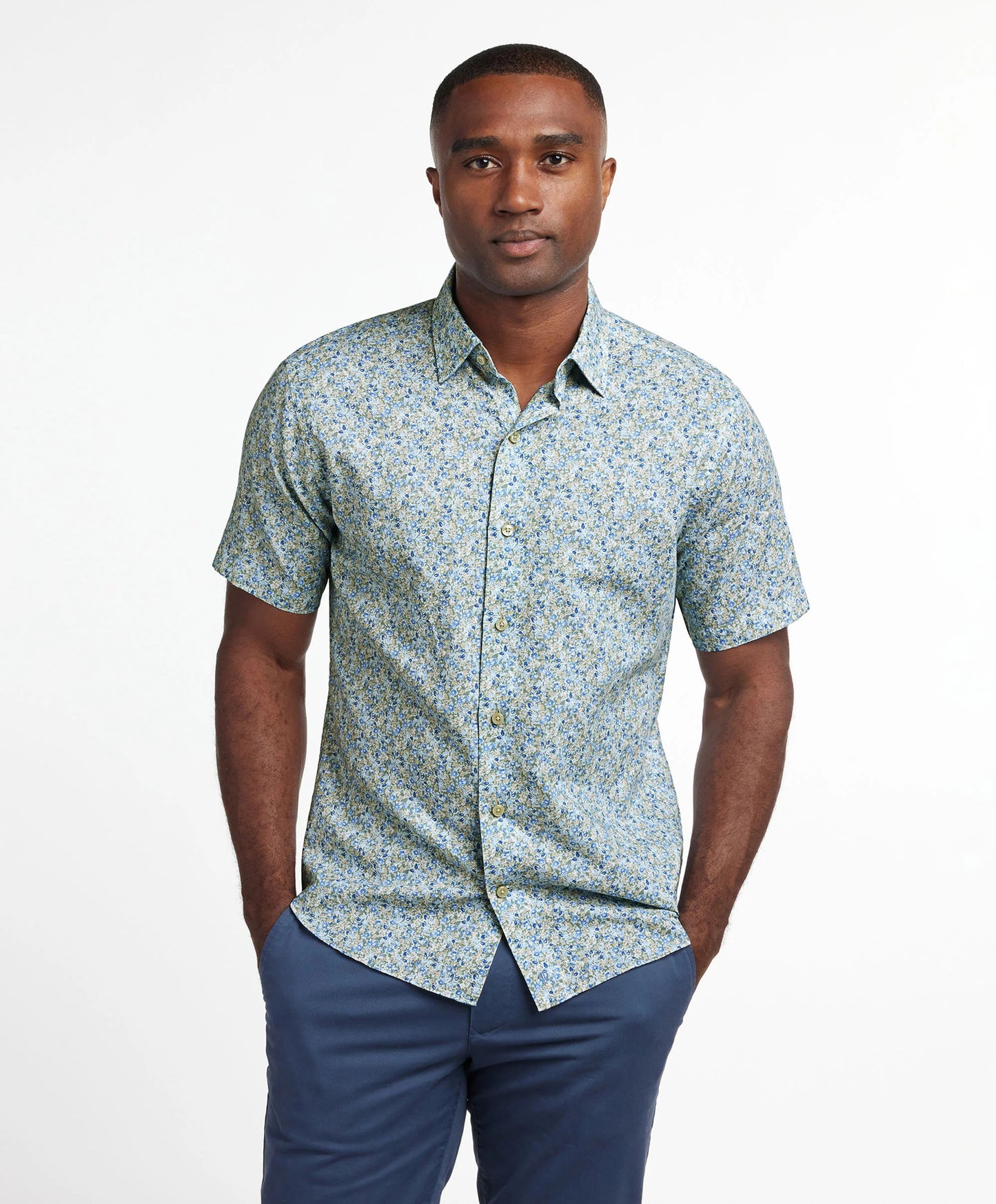 David Donahue Sage Floral Linen Blend Short Sleeve Shirt