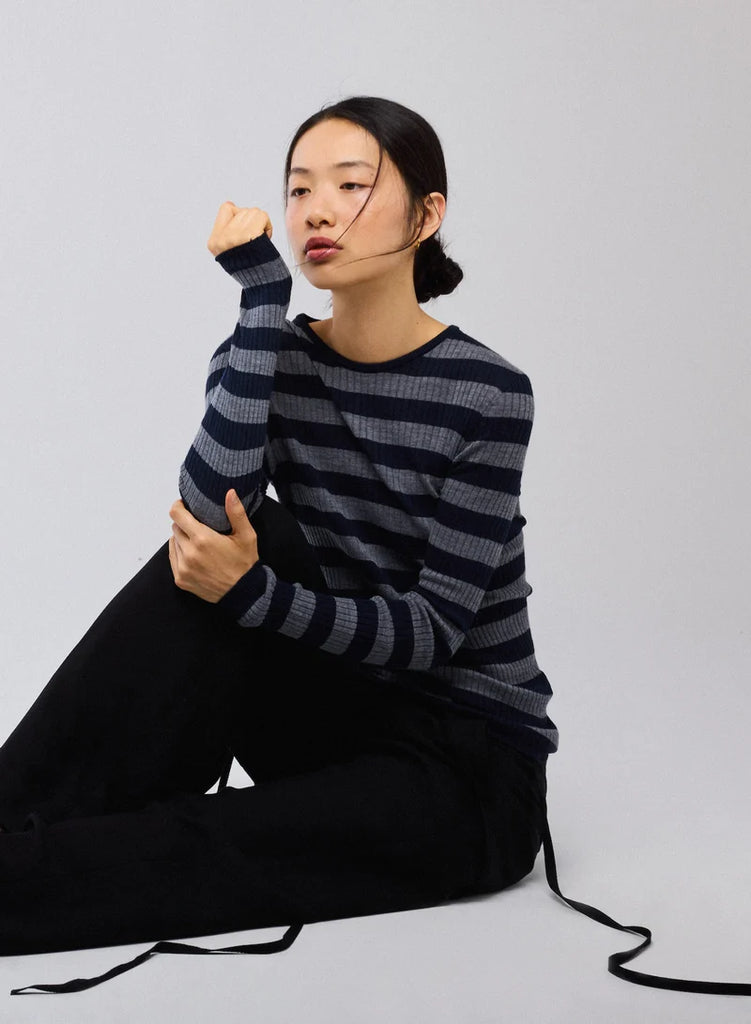 Majestic Filatures Merino Superfine Rib Knit Stripe Long Sleeve Crewneck T-Shirt