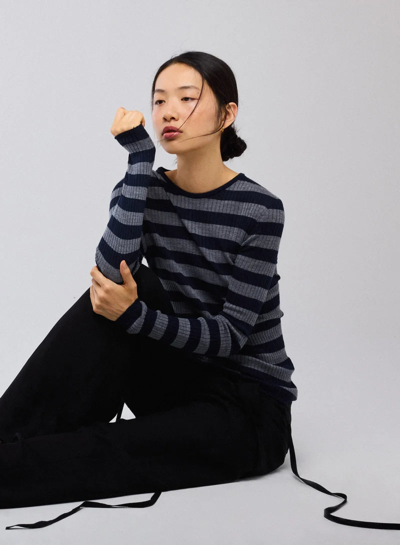 Majestic Filatures Merino Superfine Rib Knit Stripe Long Sleeve Crewneck T-Shirt