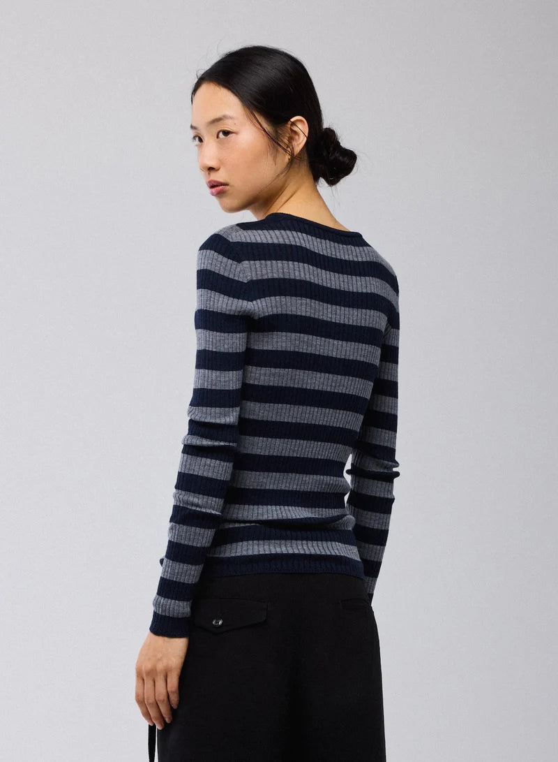Majestic Filatures Merino Superfine Rib Knit Stripe Long Sleeve Crewneck T-Shirt
