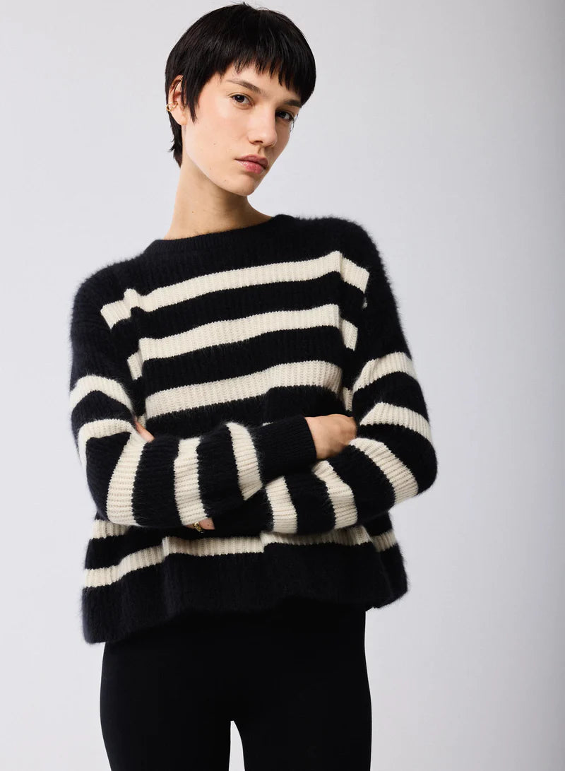 Majestic Filatures Merino Fox Striped Rib Long Sleeve Knit Boatneck