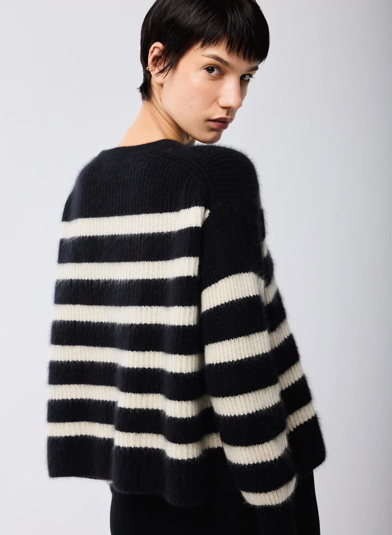 Majestic Filatures Merino Fox Striped Rib Long Sleeve Knit Boatneck