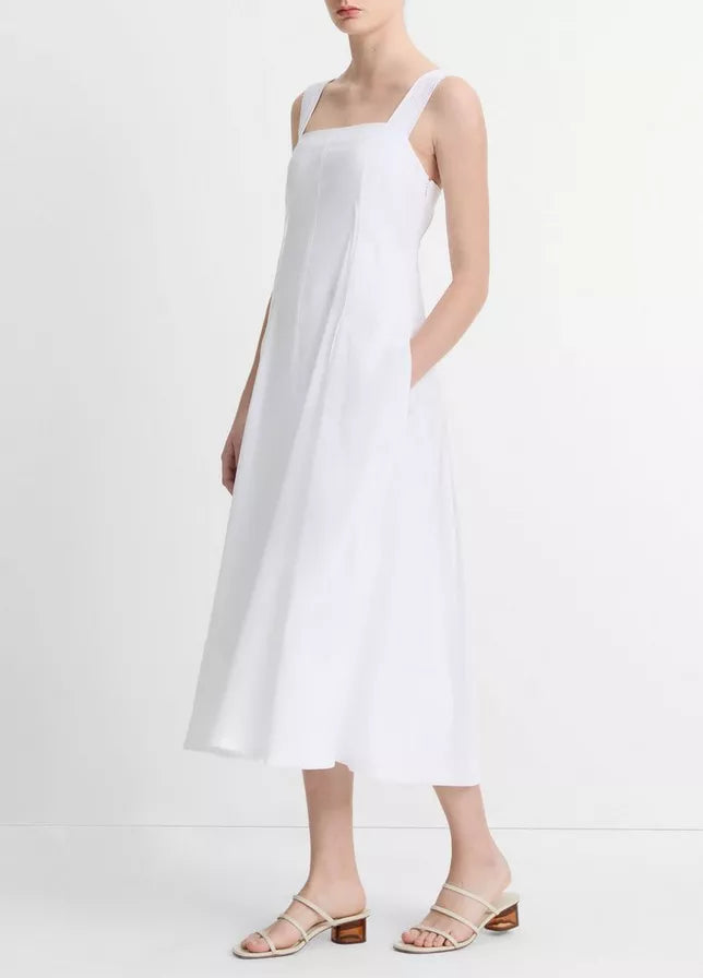 Vince Linen-Blend Square-Neck Dress - Optic White / 8 Vince Linen-Blend Square-Neck Dress - Optic White / 8