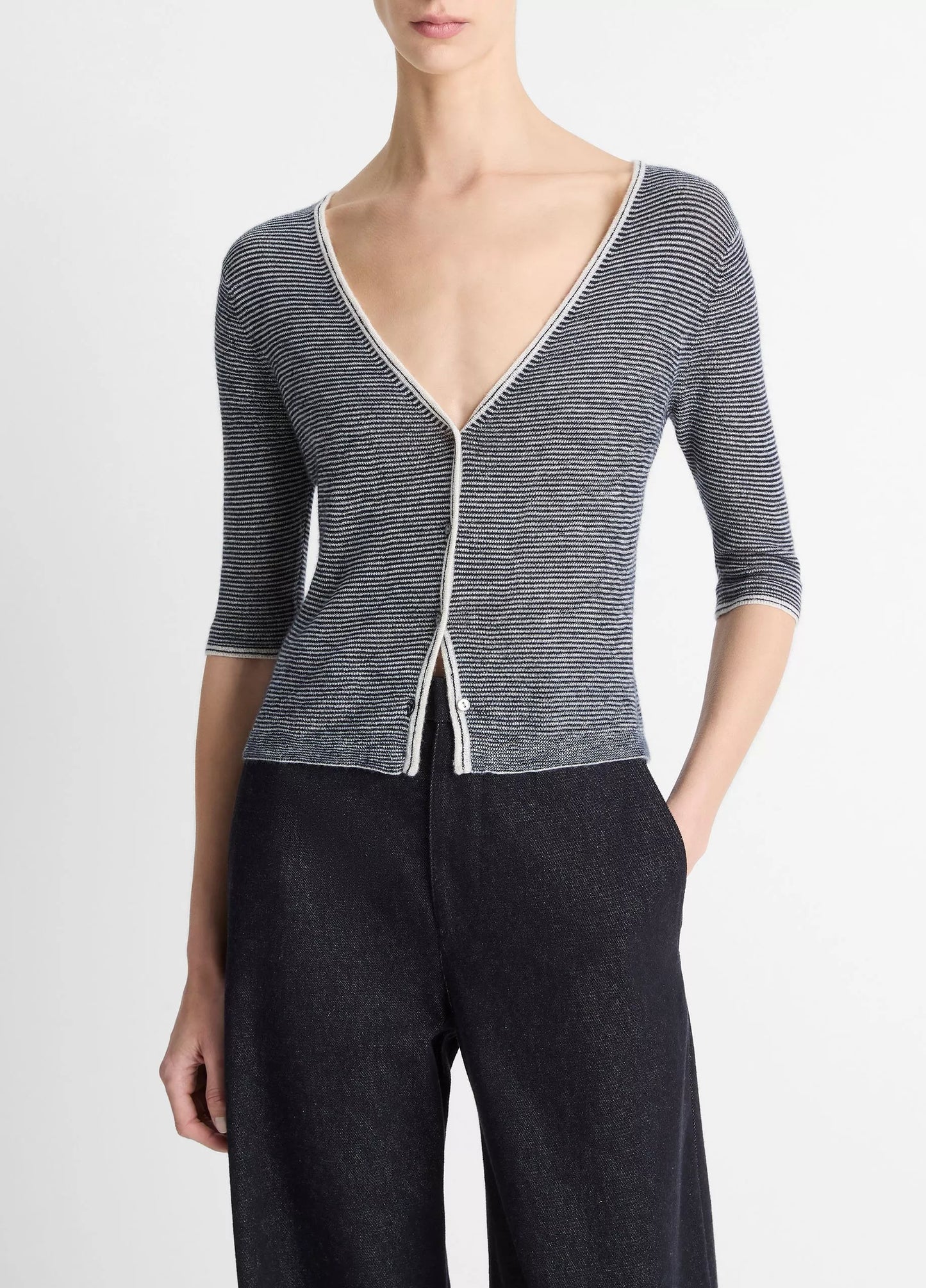Vince Micro-Stripe Cashmere-Silk Cardigan