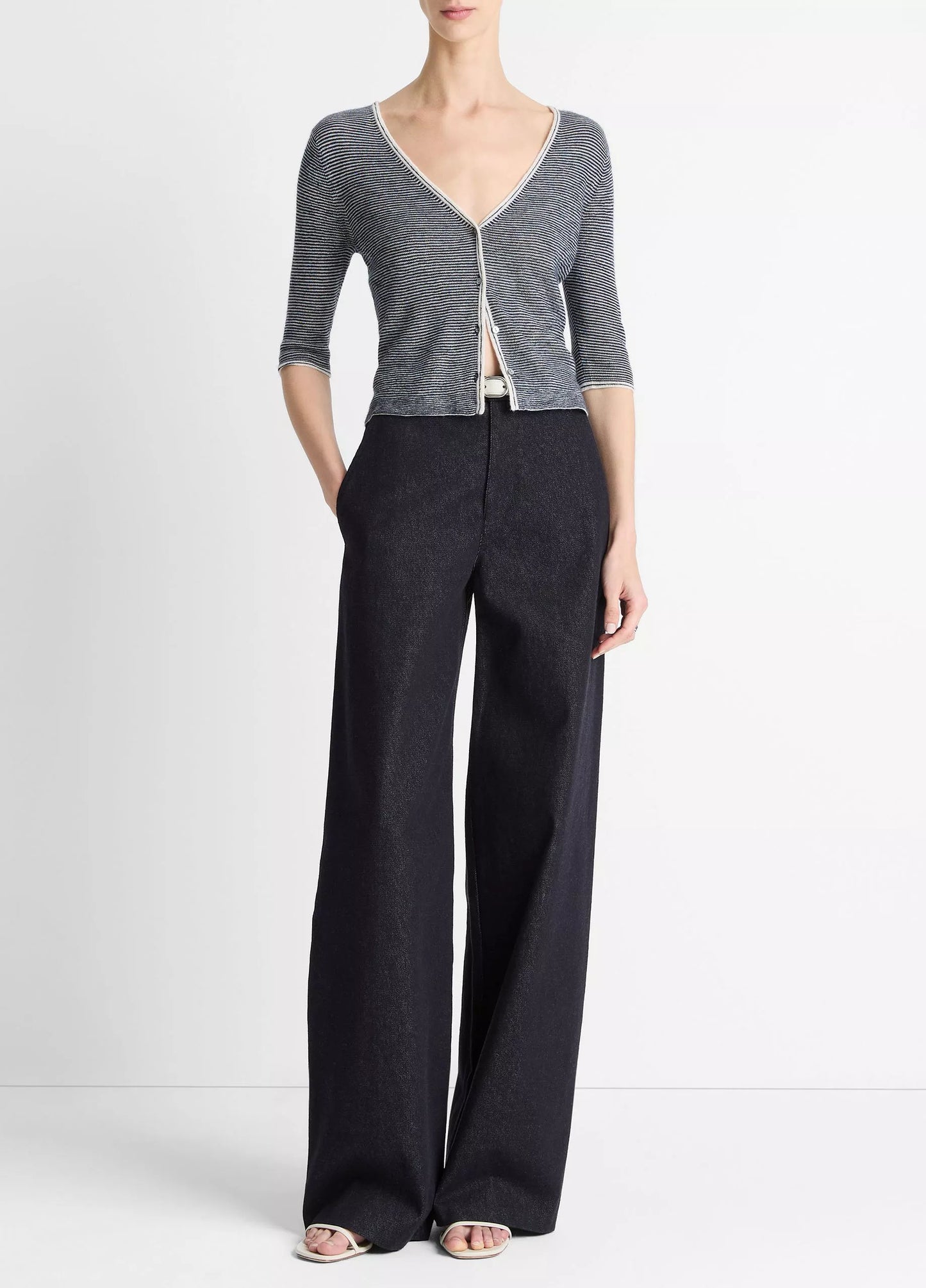 Vince Micro-Stripe Cashmere-Silk Cardigan