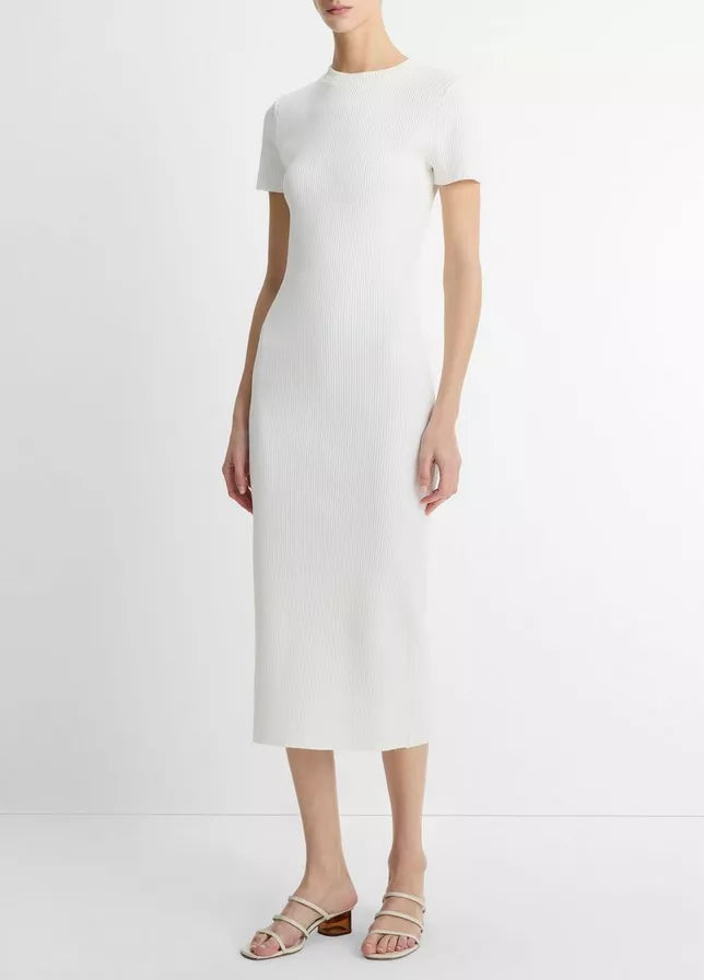 Vince Ribbed Cotton-Blend Crew Neck Dress