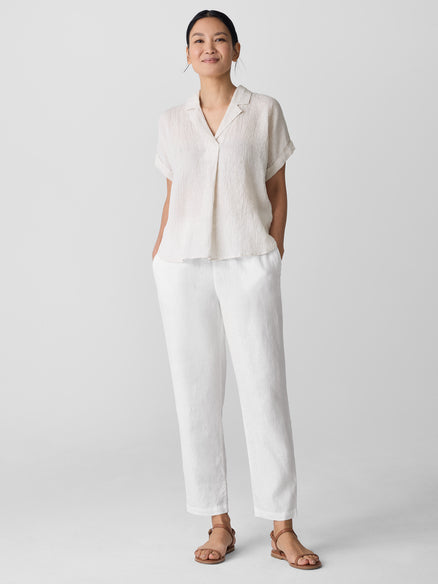 Eileen Fisher Puckered Organic Linen Stripe Notch Collar Top