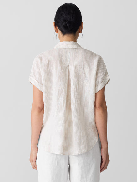Eileen Fisher Puckered Organic Linen Stripe Notch Collar Top