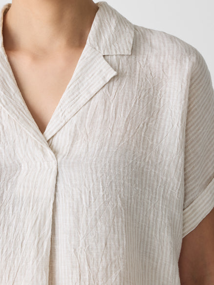 Eileen Fisher Puckered Organic Linen Stripe Notch Collar Top