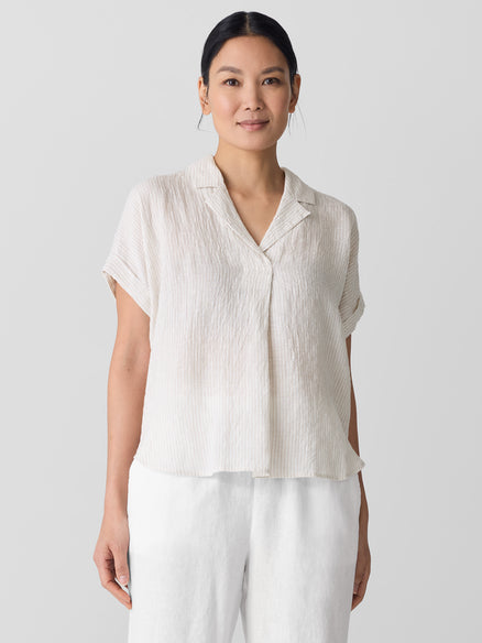 Eileen Fisher Puckered Organic Linen Stripe Notch Collar Top