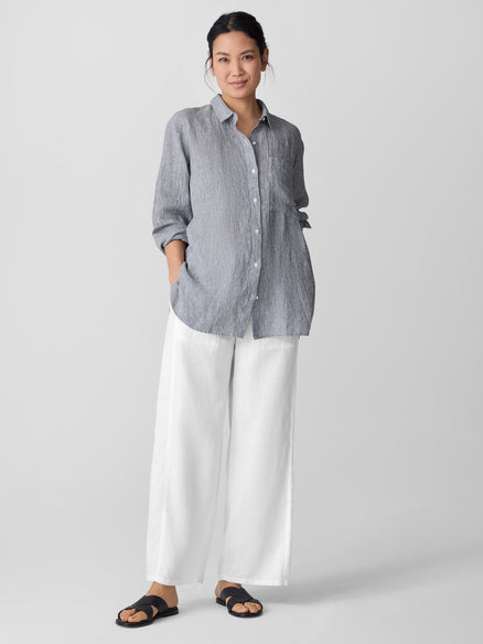 Eileen Fisher Puckered Organic Linen Stripe Classic Collar Long Shirt