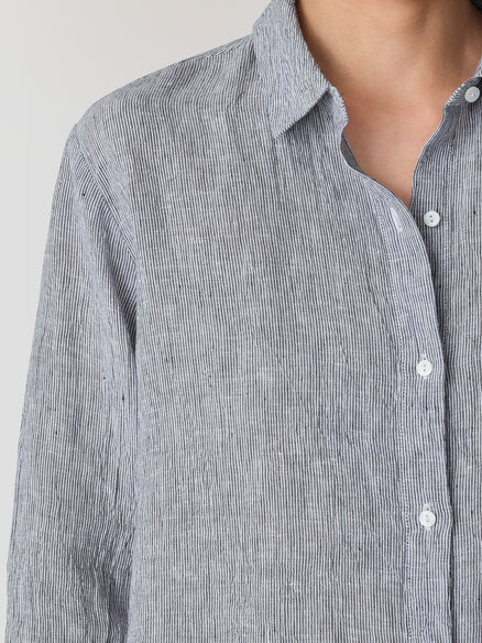 Eileen Fisher Puckered Organic Linen Stripe Classic Collar Long Shirt