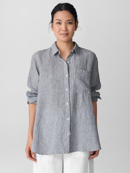 Eileen Fisher Puckered Organic Linen Stripe Classic Collar Long Shirt