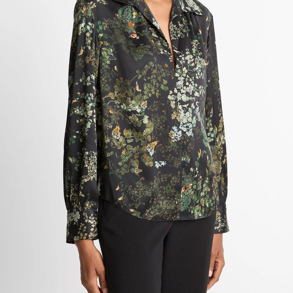 Vince Smocked Grape Vine Silk Long-Sleeve Blouse