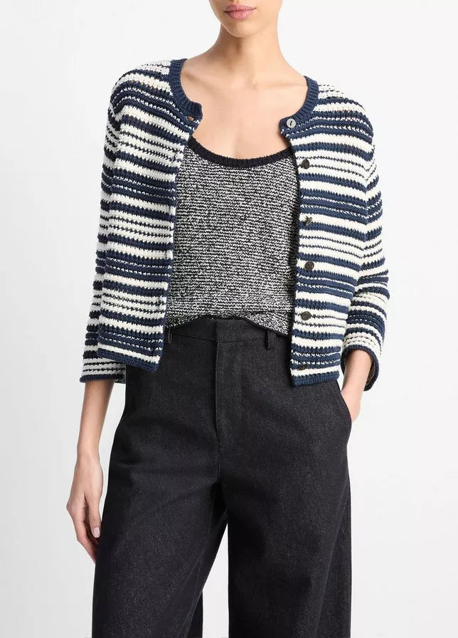 Vince Textured Stripe Italian Cotton Cardigan