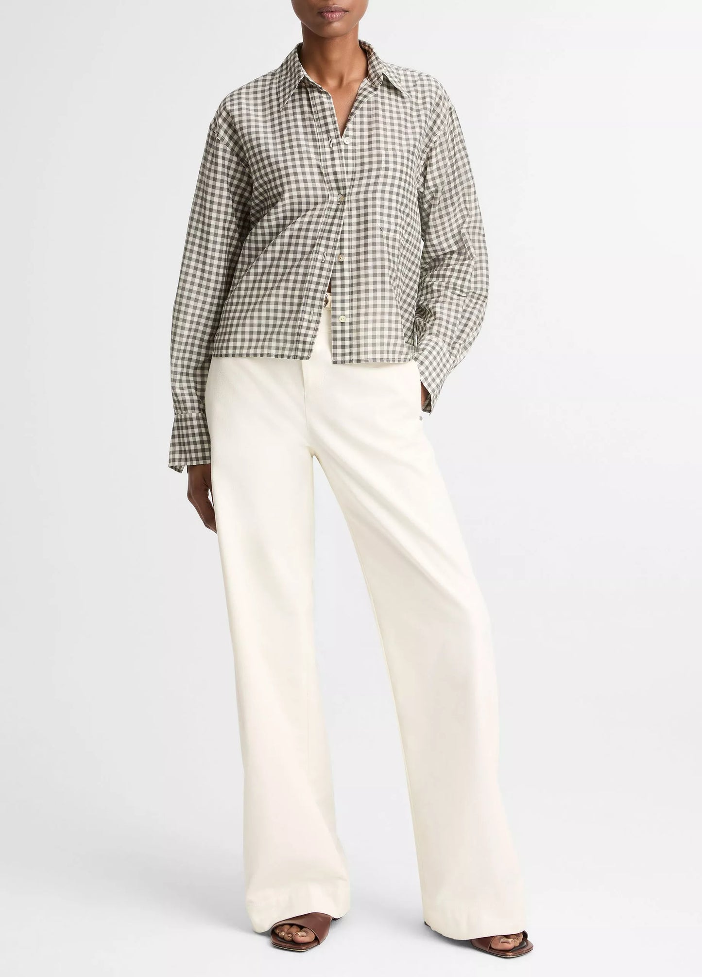 Vince Gingham Cotton-Silk Cropped Button-Front Shirt