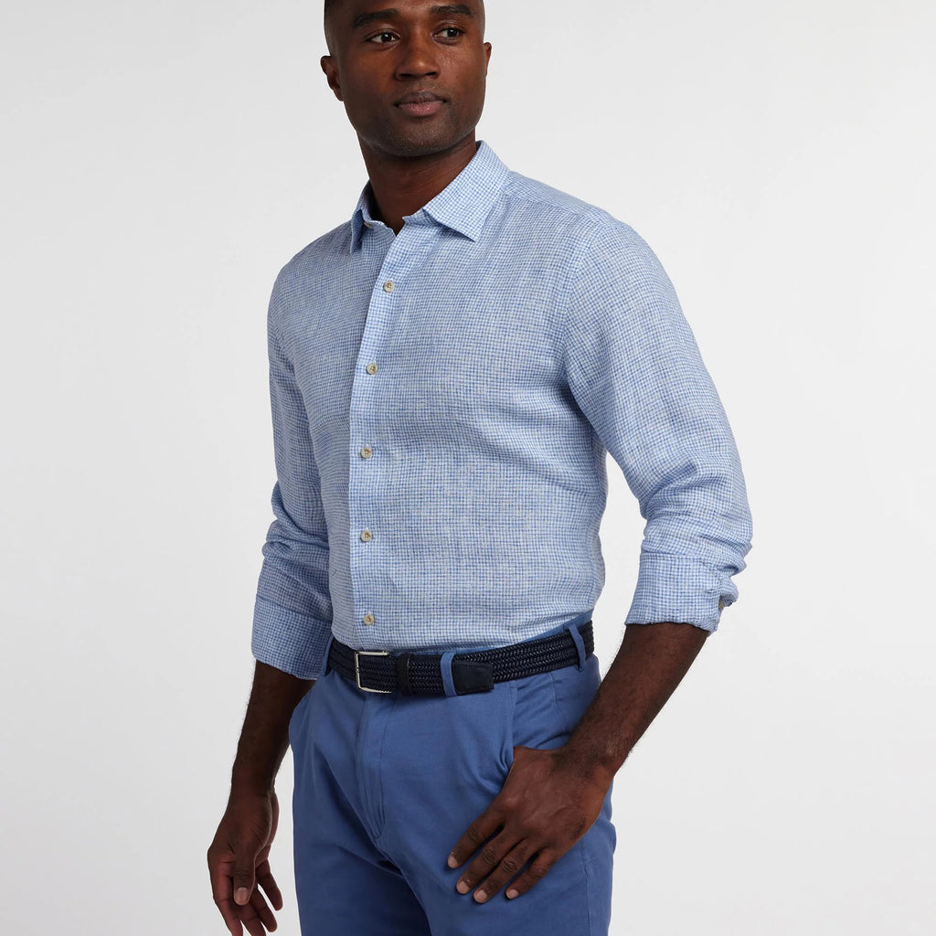 David Donahue Navy Linen Check Sport Shirt