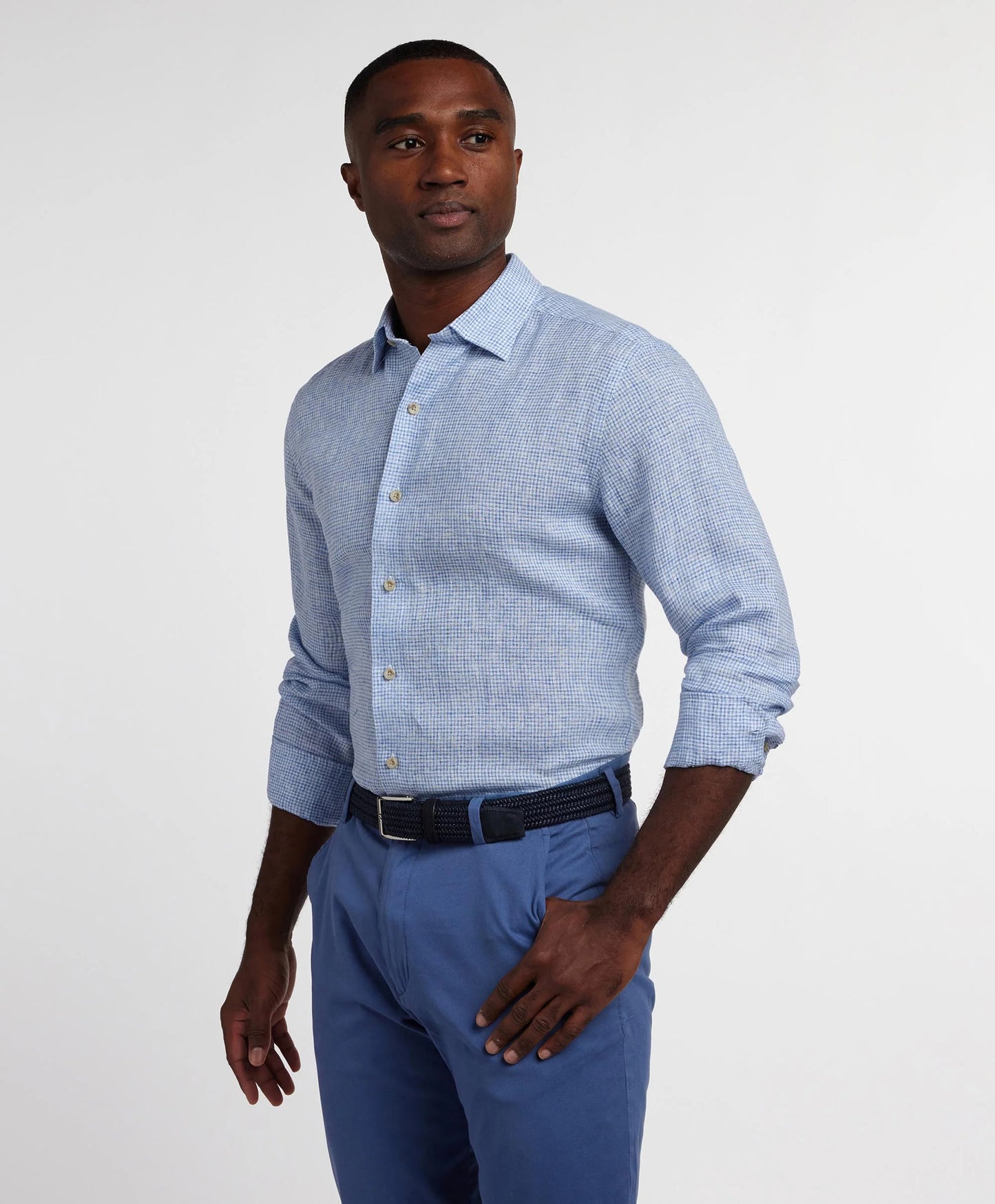 David Donahue Navy Linen Check Sport Shirt