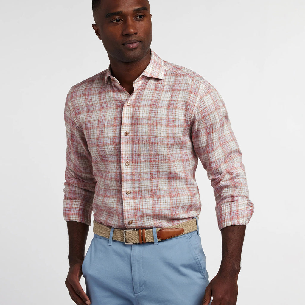 David Donahue Red and Multi Linen Check Sport Shirt