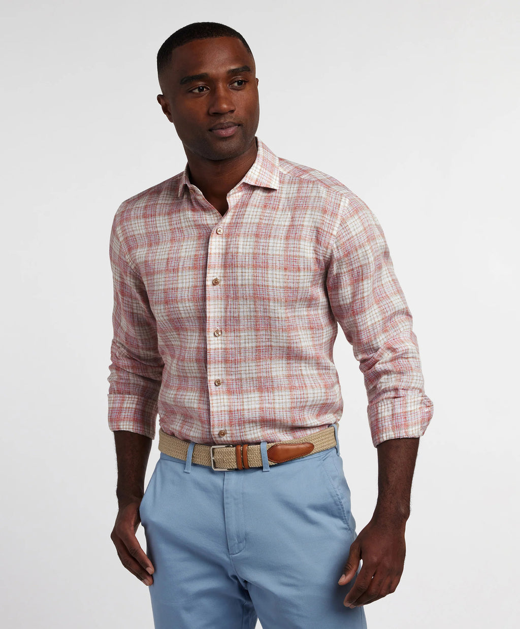 David Donahue Red and Multi Linen Check Sport Shirt