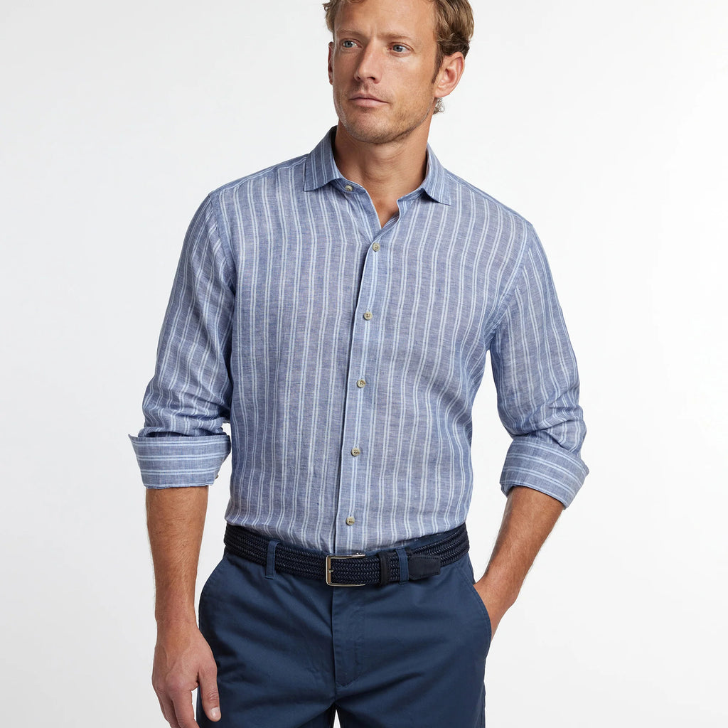 David Donahue Navy Linen Stripe Sport Shirt