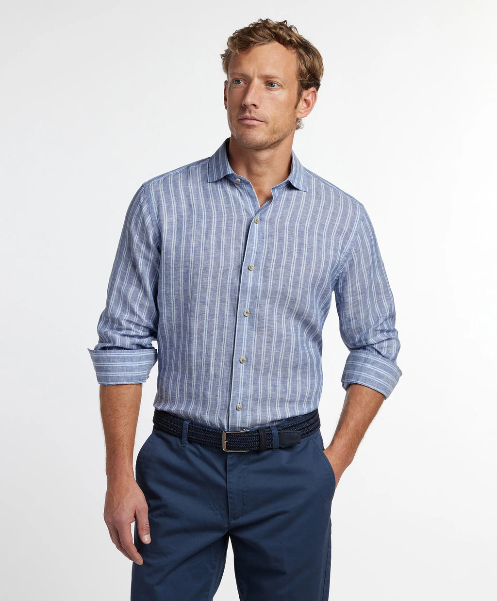 David Donahue Navy Linen Stripe Sport Shirt