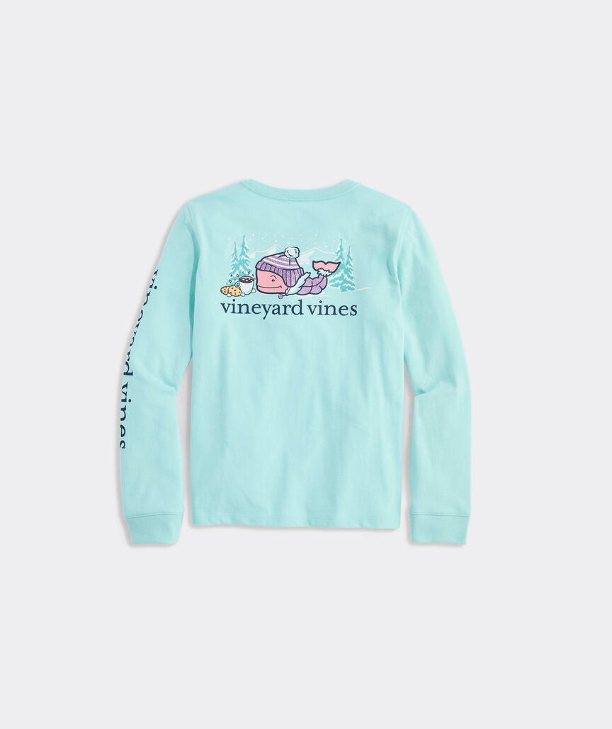 Vineyard Vines Girls' Hot Cocoa Glitter Whale Long-Sleeve Pocket Tee