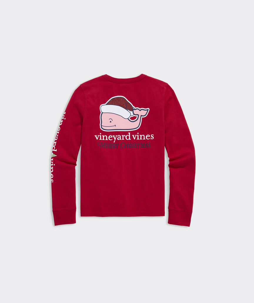 Vineyard Vines Girls' Glitter Hat Santa Whale Long-Sleeve Pocket Tee