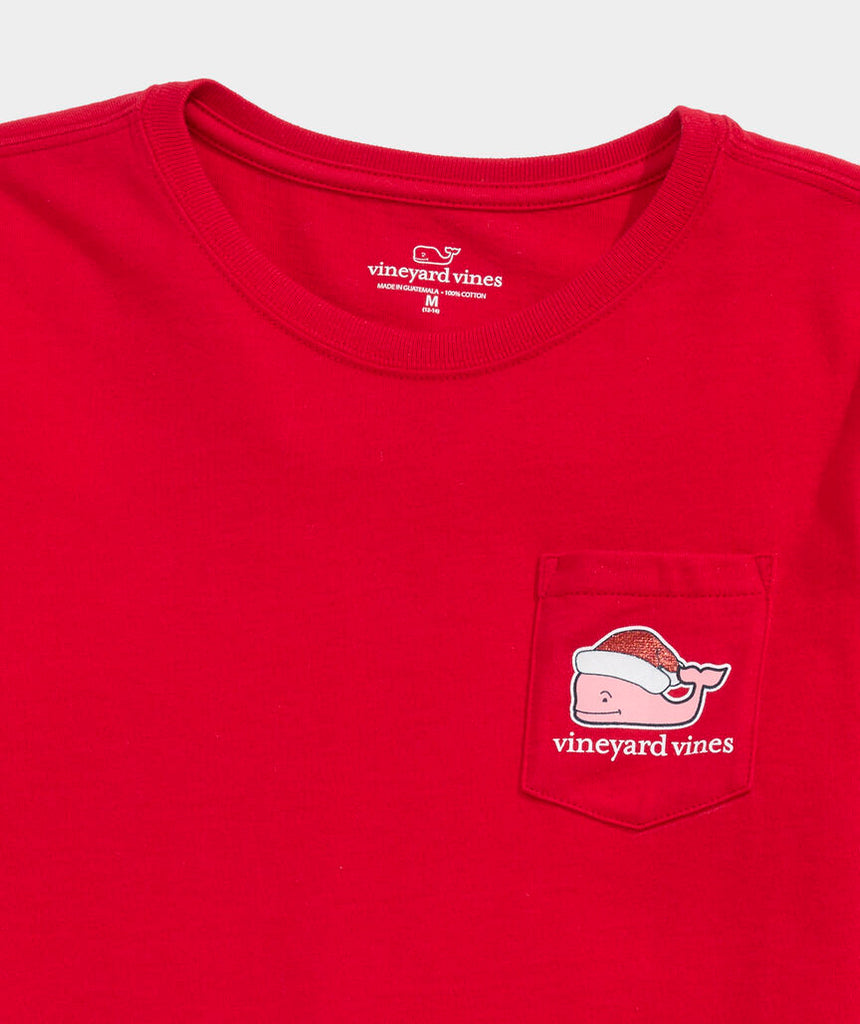 Vineyard Vines Girls' Glitter Santa Whale Long-Sleeve Pocket Tee
