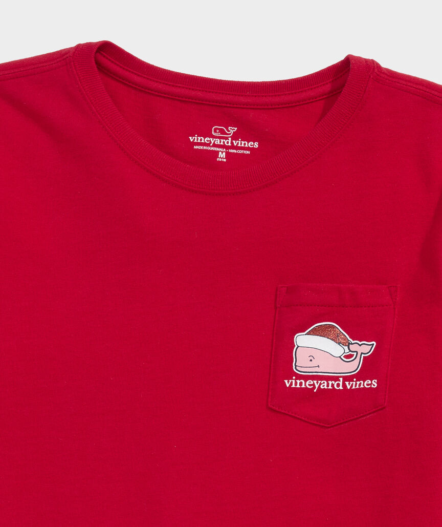 Vineyard Vines Girls' Glitter Santa Whale Long-Sleeve Pocket Tee
