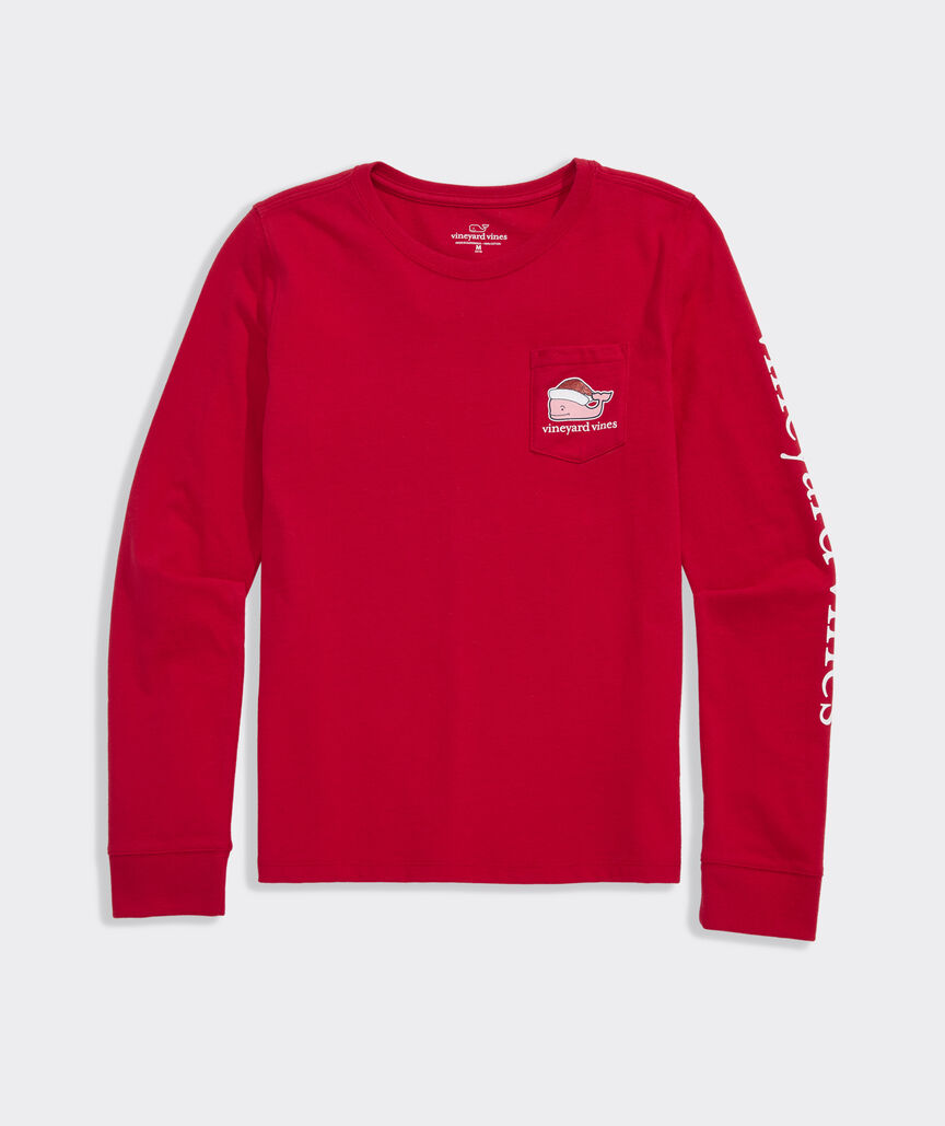 Vineyard Vines Girls' Glitter Santa Whale Long-Sleeve Pocket Tee