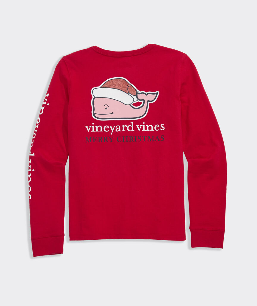Vineyard Vines Girls' Glitter Santa Whale Long-Sleeve Pocket Tee