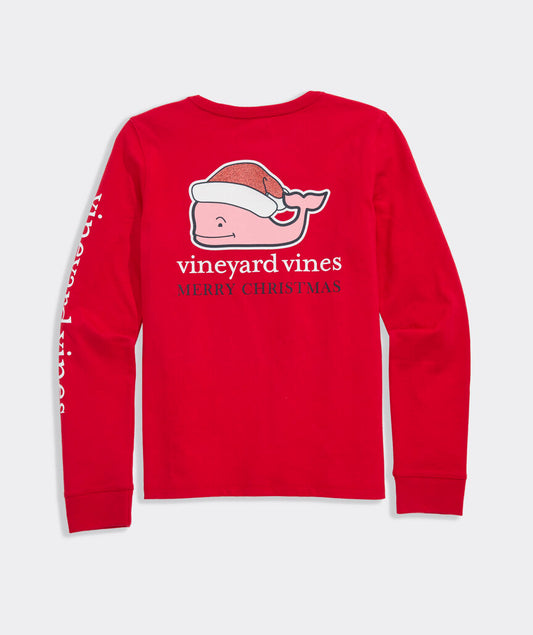 Vineyard Vines Girls' Glitter Santa Whale Long-Sleeve Pocket Tee