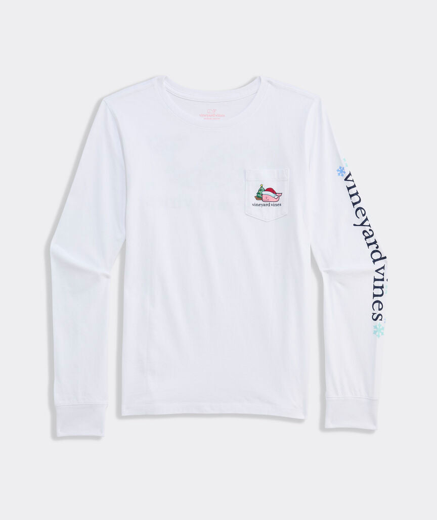 Vineyard Vines Girls' Santa Whale Icon Long-Sleeve Pocket Tee