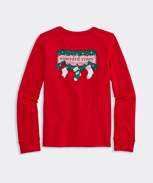Vineyard Vines Girls' Logo Box Stockings Long-Sleeve Pocket Tee