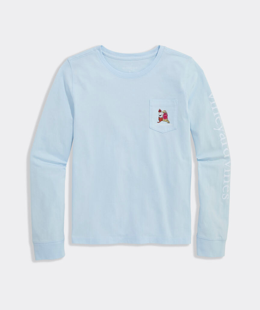 Vineyard Vines Girls' Glitter Ski Pups Long-Sleeve Pocket Tee