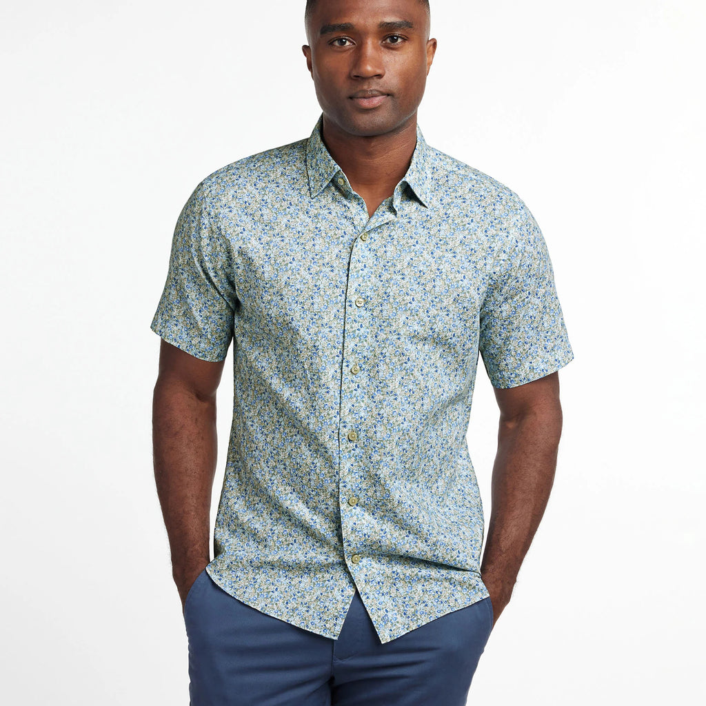 David Donahue Sage Floral Linen Blend Short Sleeve Shirt