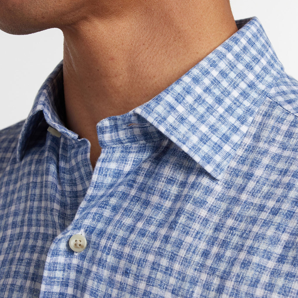 David Donahue Navy & Sky Linen Check Short Sleeve Shirt