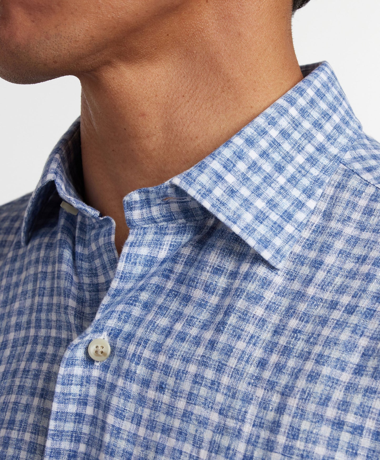 David Donahue Navy & Sky Linen Check Short Sleeve Shirt