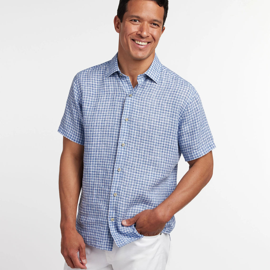 David Donahue Navy & Sky Linen Check Short Sleeve Shirt