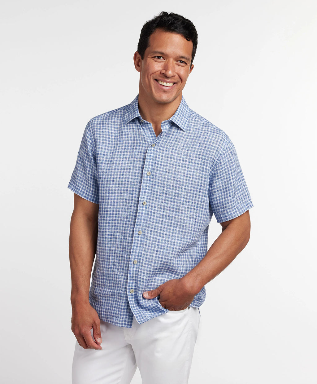 David Donahue Navy & Sky Linen Check Short Sleeve Shirt