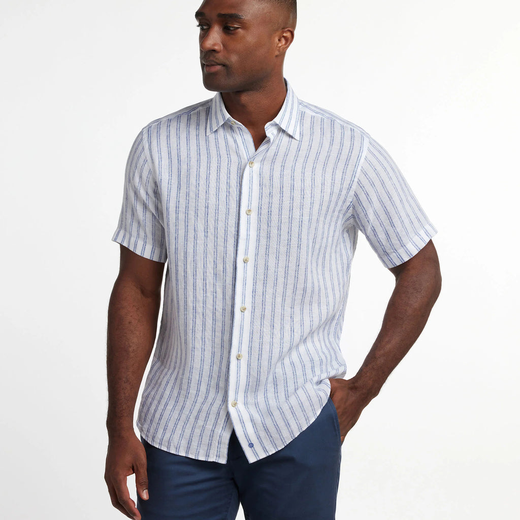 David Donahue White & Blue Linen Stripe Short Sleeve Shirt