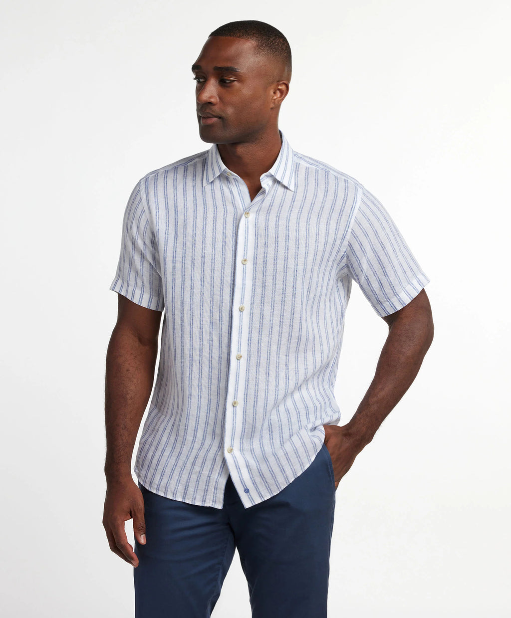 David Donahue White & Blue Linen Stripe Short Sleeve Shirt