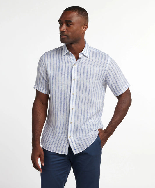 David Donahue White & Blue Linen Stripe Short Sleeve Shirt