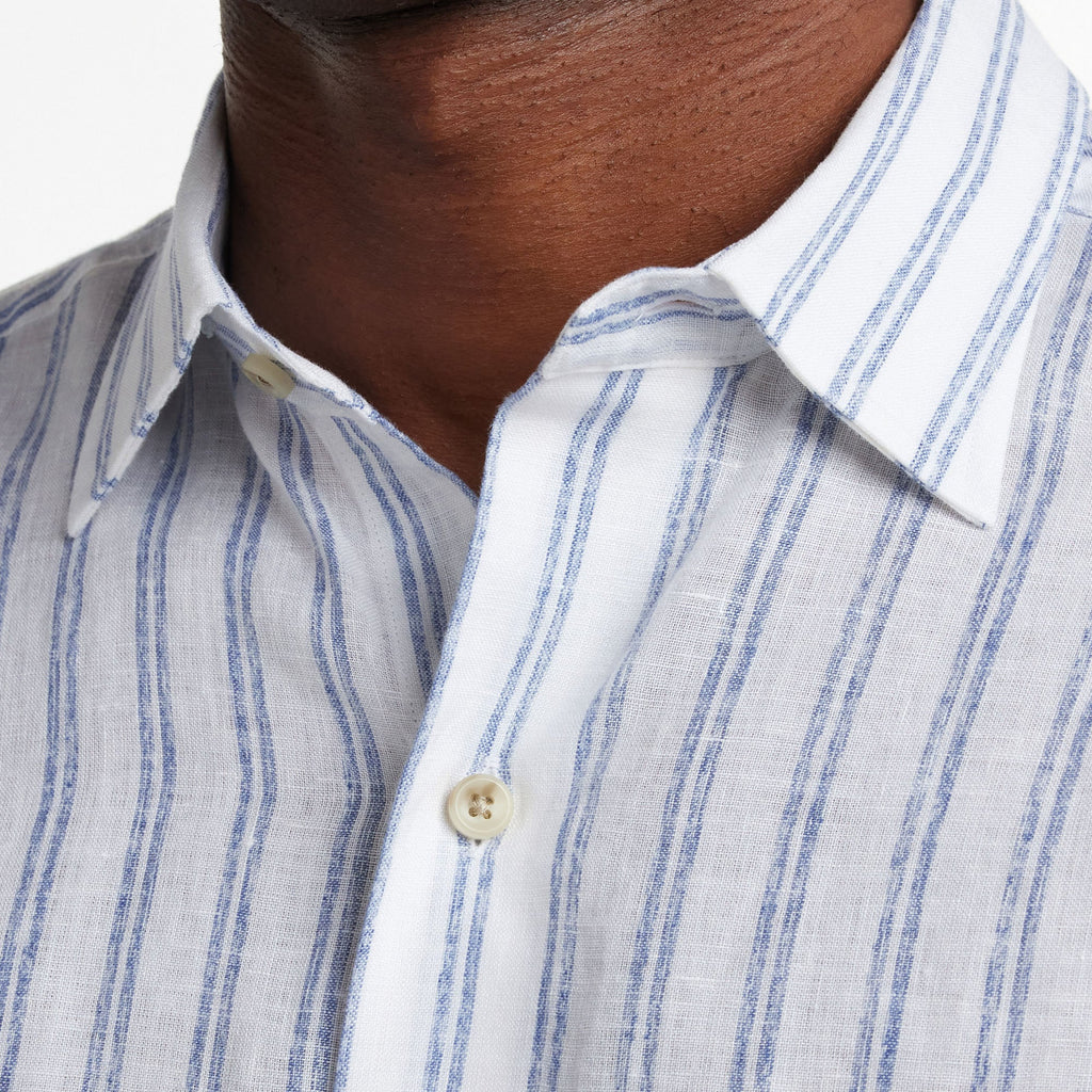 David Donahue White & Blue Linen Stripe Short Sleeve Shirt