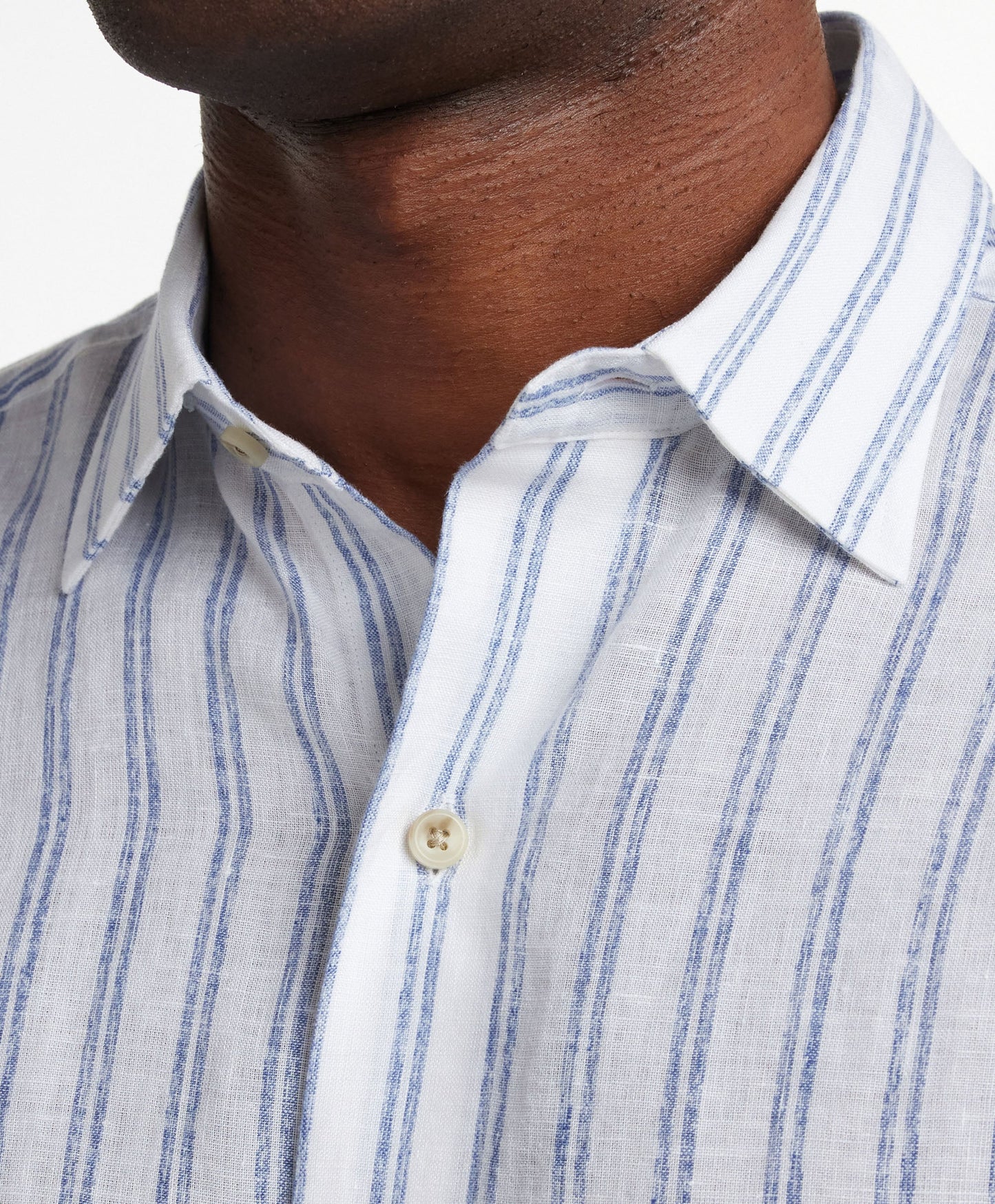 David Donahue White & Blue Linen Stripe Short Sleeve Shirt