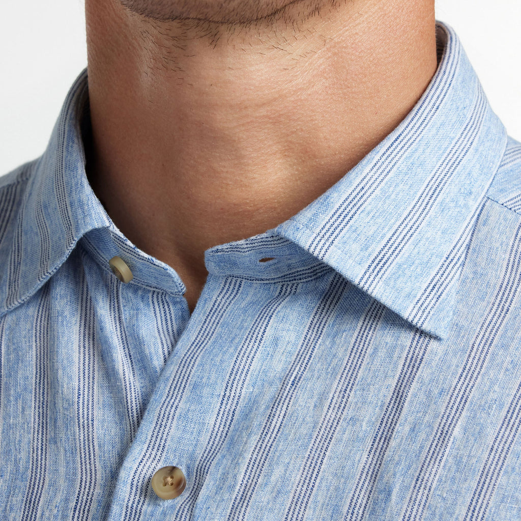 David Donahue Blue Linen Stripe Short Sleeve Shirt