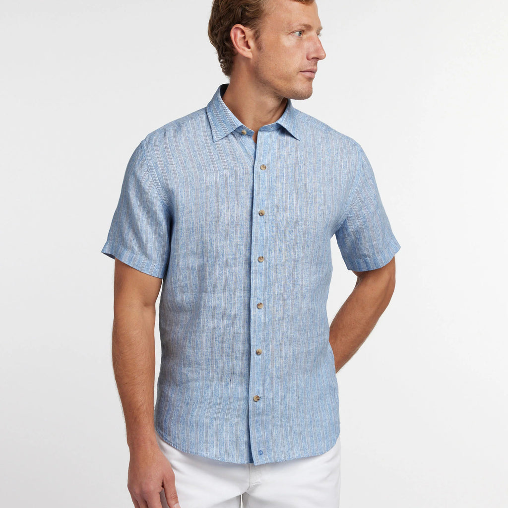 David Donahue Blue Linen Stripe Short Sleeve Shirt