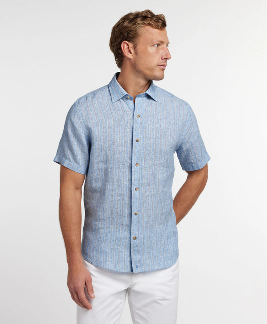 David Donahue Blue Linen Stripe Short Sleeve Shirt